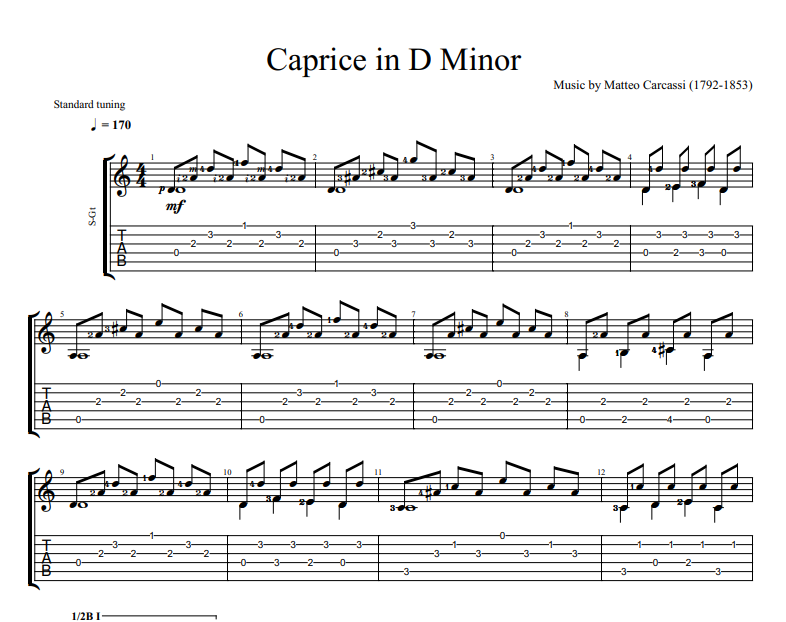 Caprice in D Minor sheet music for guitar tab